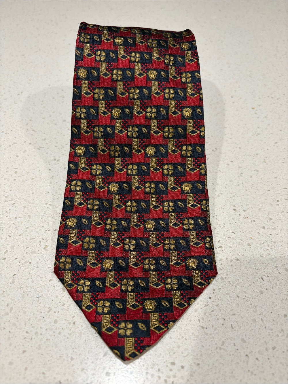 Versace Red, Black and Gold Geometric Silk Tie